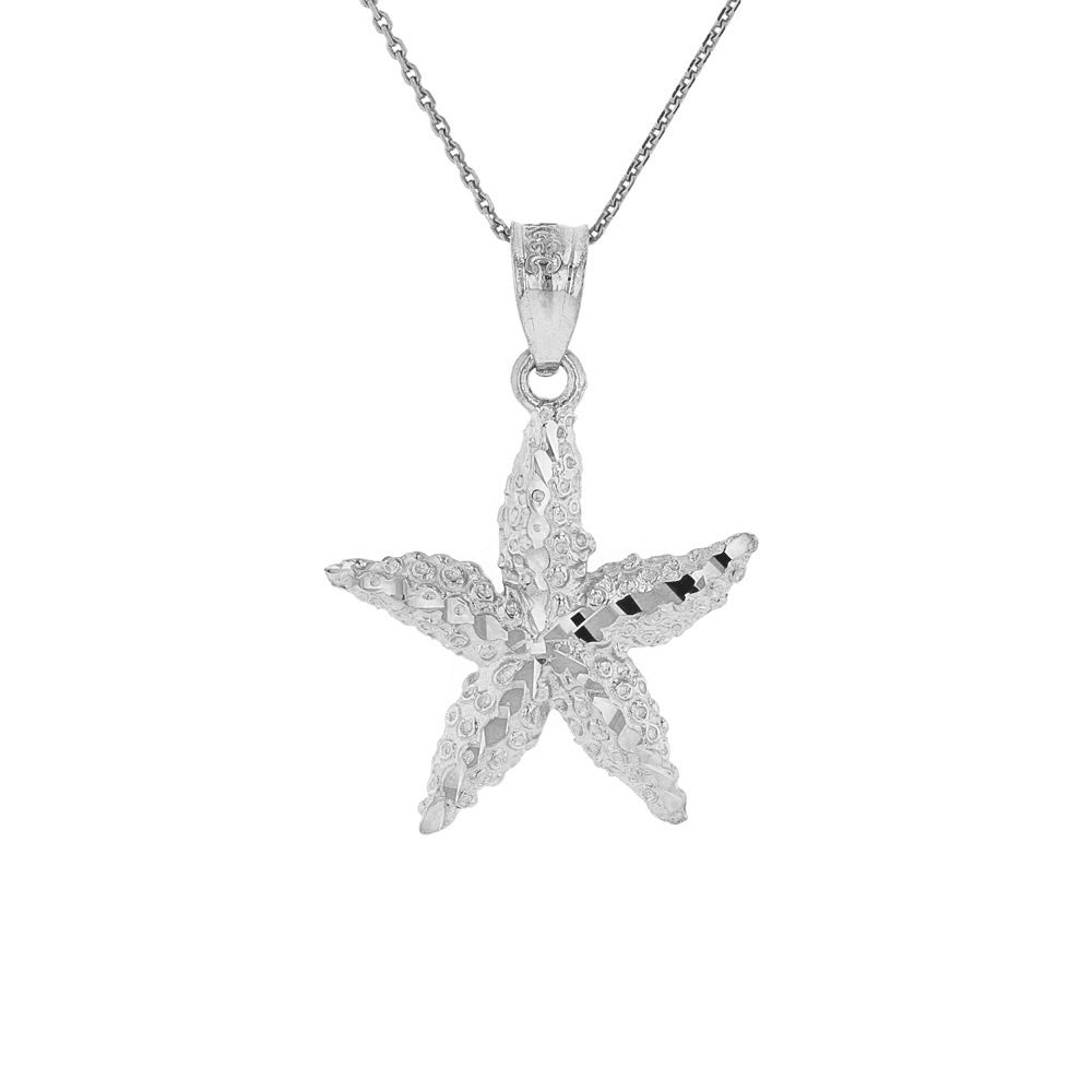 Sterling Silver Diamond Cut Starfish Sea Star Pendant Necklace