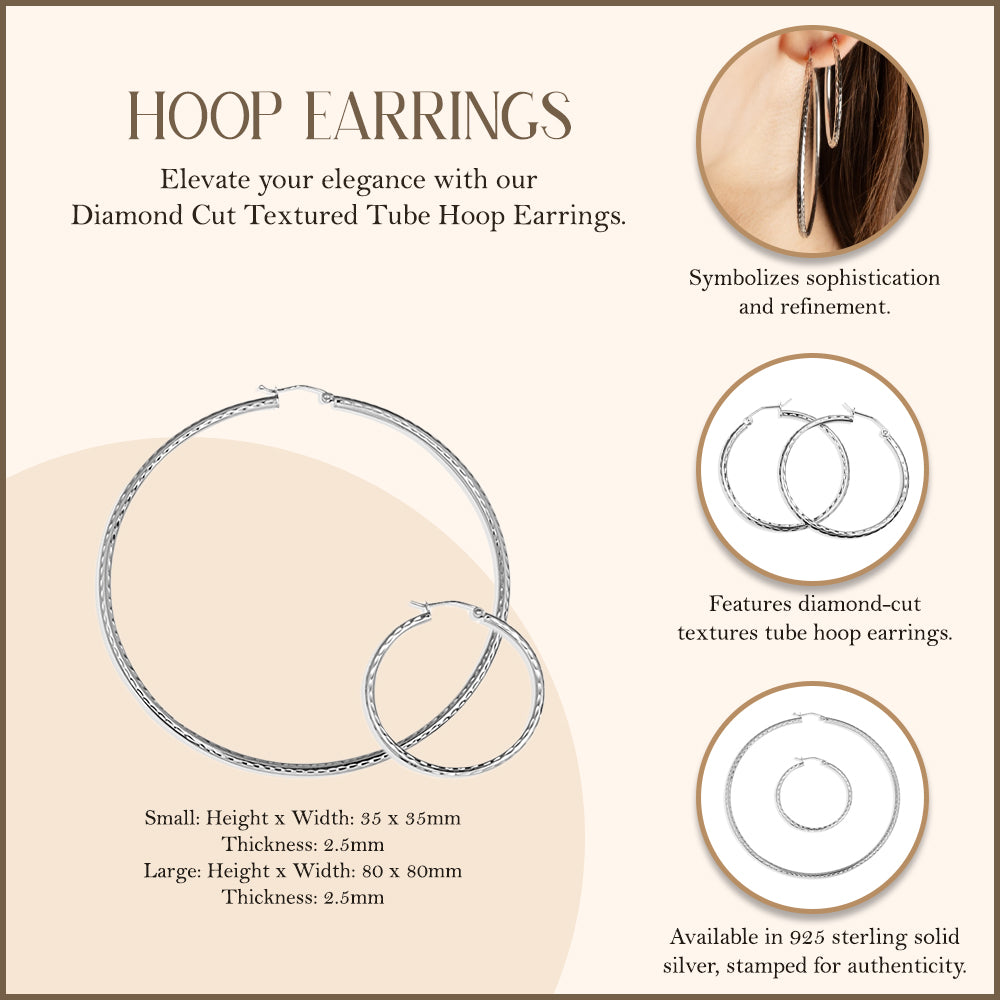Sterling Silver Diamond Cut Textured Tube Hoop Earrings, view 3