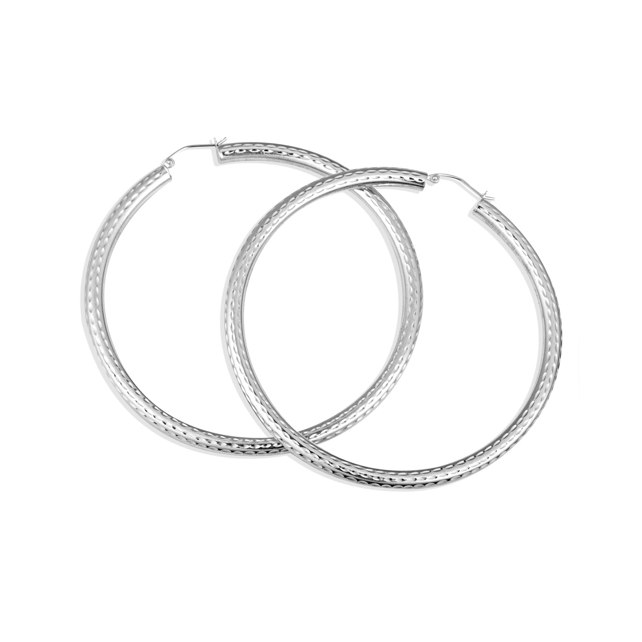 Sterling Silver Diamond Cut Textured Tube Hoop Earrings — Thickness: 4 mm