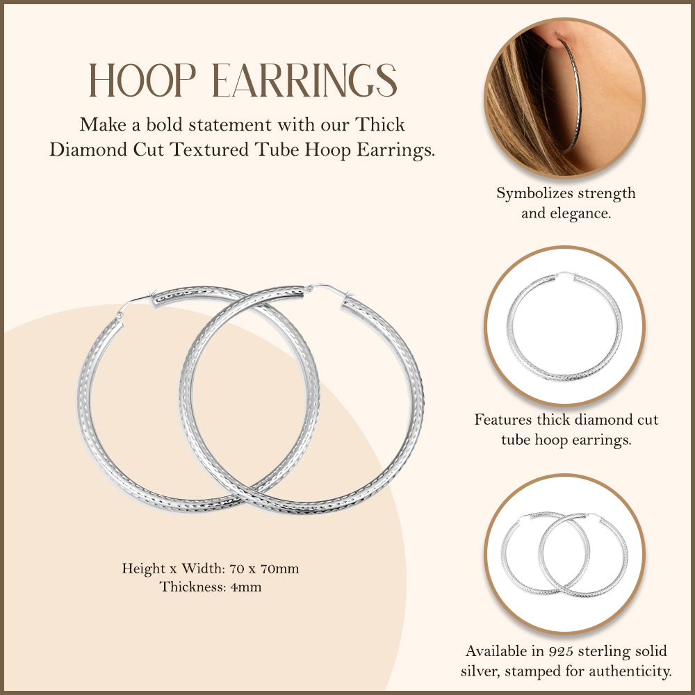 Sterling Silver Diamond Cut Textured Tube Hoop Earrings — Thickness: 4 mm, view 3