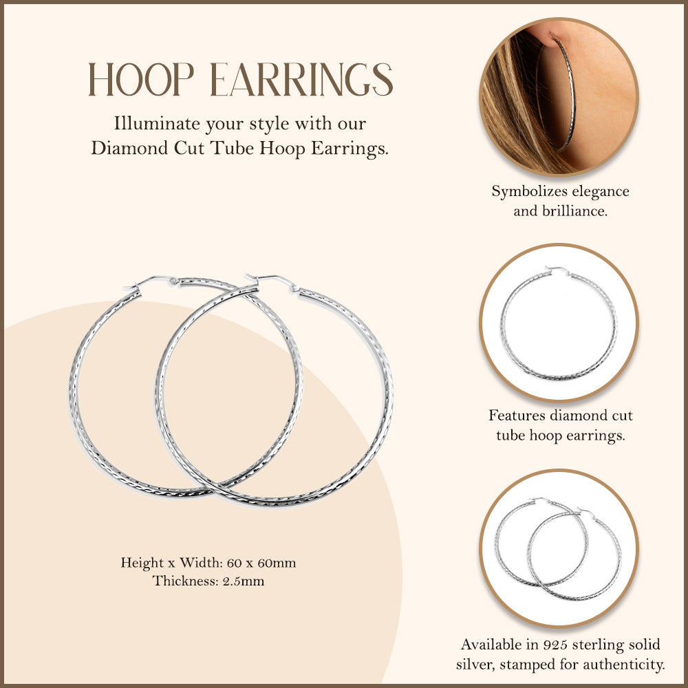 Sterling Silver Diamond Cut Tube Hoop Earrings, view 3