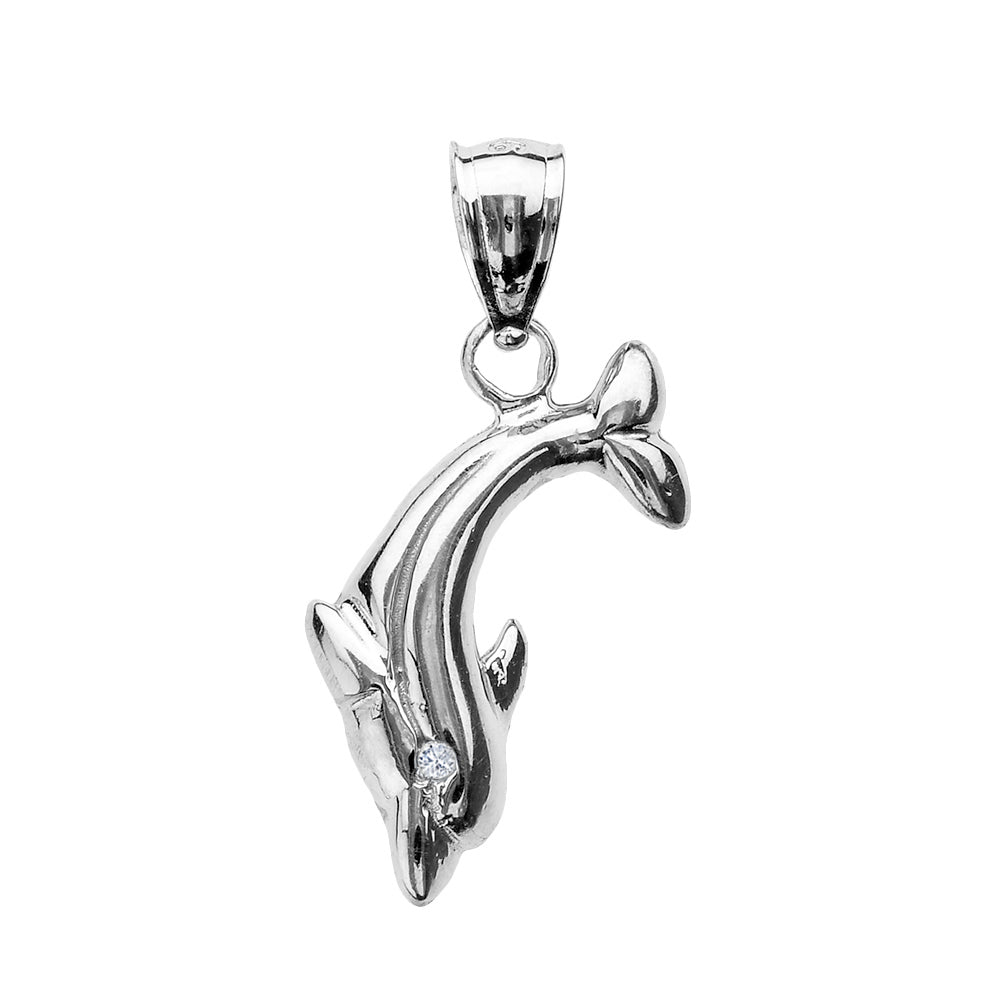 Sterling Silver Diamond Dolphin Pendant Necklace, view 2