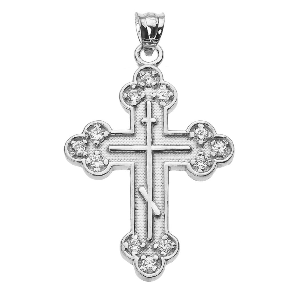 Sterling Silver Diamond Eastern Orthodox Russian Cross Pendant Necklace, view 2