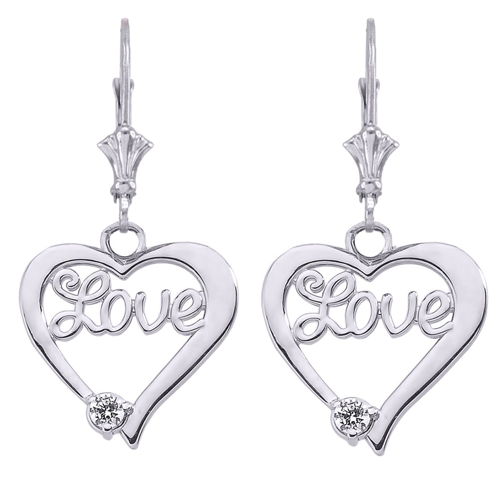 Sterling Silver Diamond Heart Love Leverback Earrings