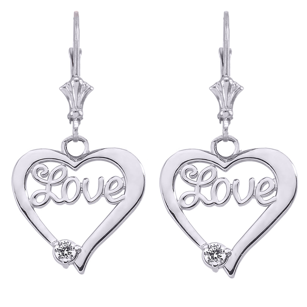 Sterling Silver Diamond Heart Love Leverback Earrings