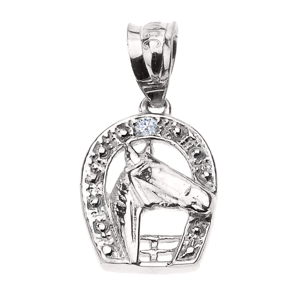 Sterling Silver Diamond Horseshoe with Horse Head Pendant Necklace, view 2