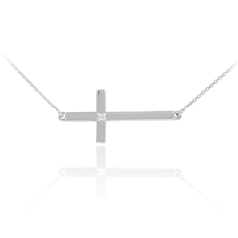 Sterling Silver Diamond Sideways Cross Faith Pendant Necklace