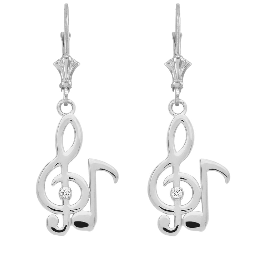 Sterling Silver Diamond Treble Clef Music Note Leverback Earrings