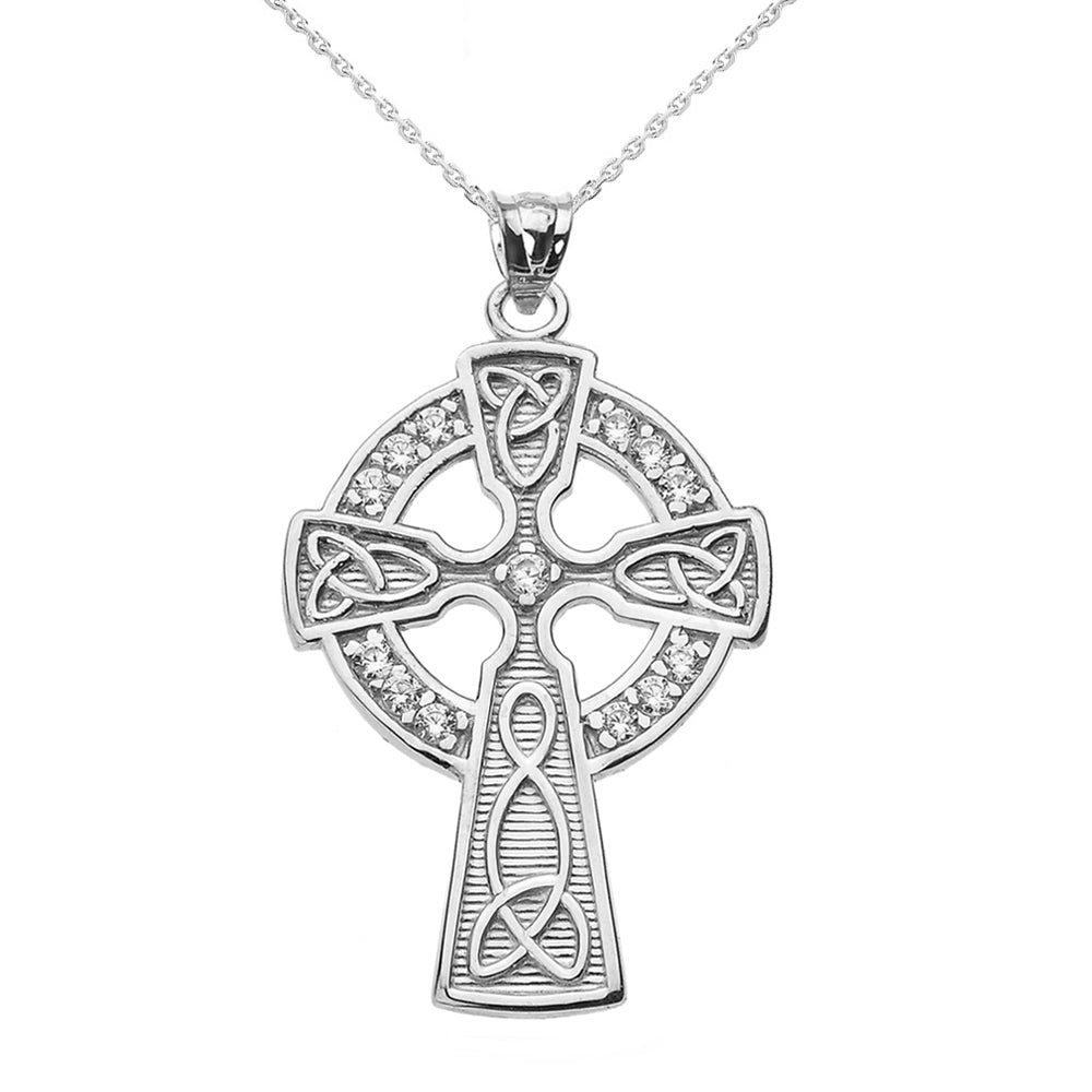 Sterling Silver Diamond Trinity Knot Celtic Cross Pendant Necklace