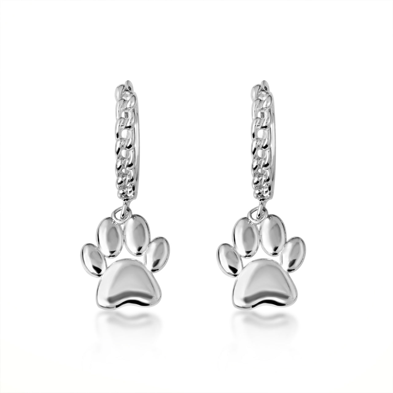 Sterling Silver Dog Paw Print Cuban Link Huggie Hoop Earrings