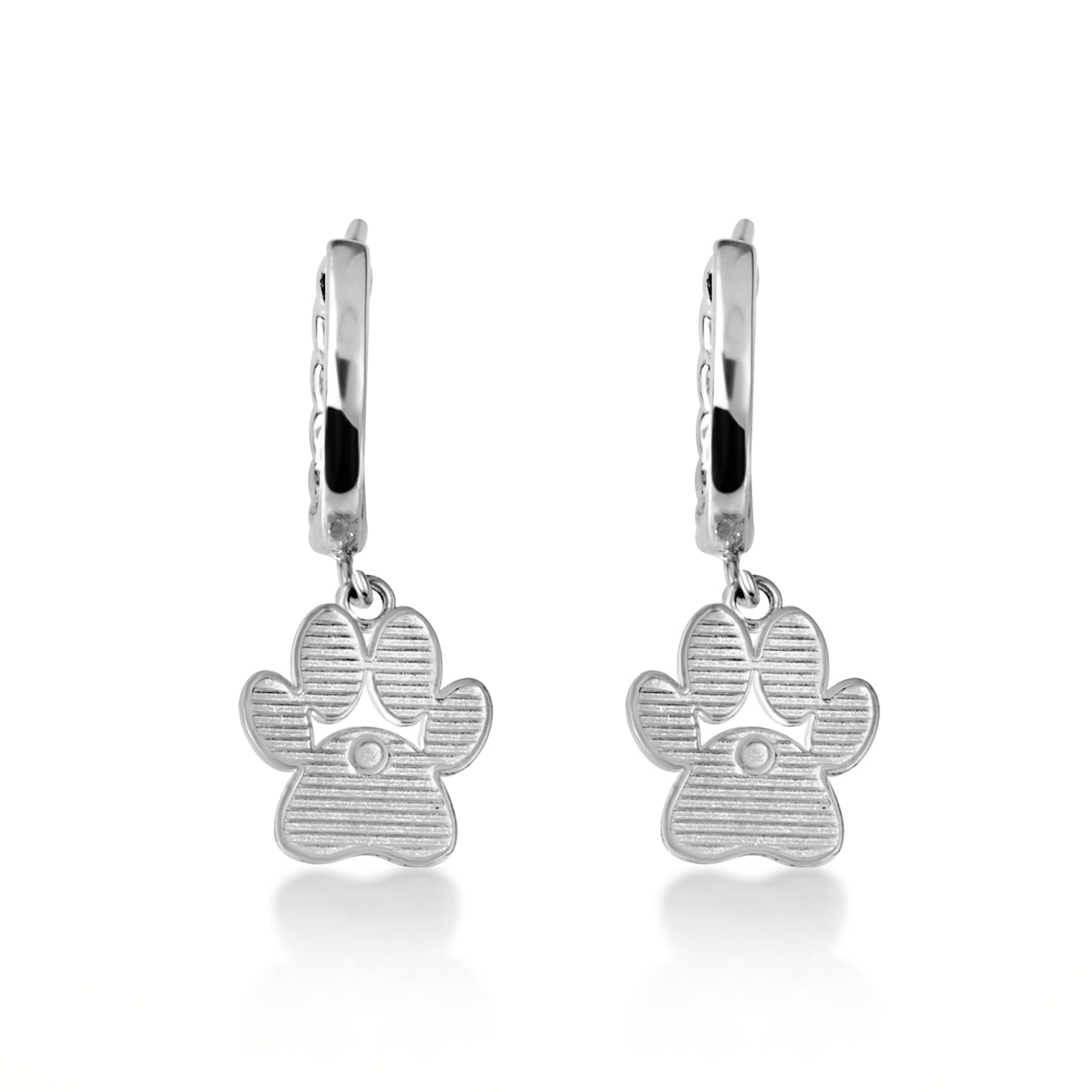 Sterling Silver Dog Paw Print Cuban Link Huggie Hoop Earrings, view 4