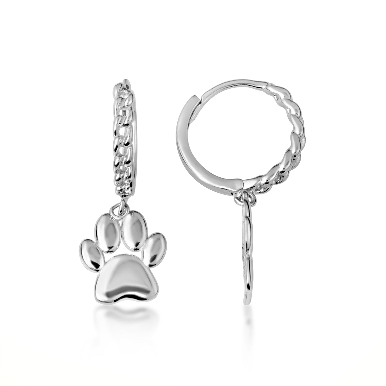 Sterling Silver Dog Paw Print Cuban Link Huggie Hoop Earrings, view 5
