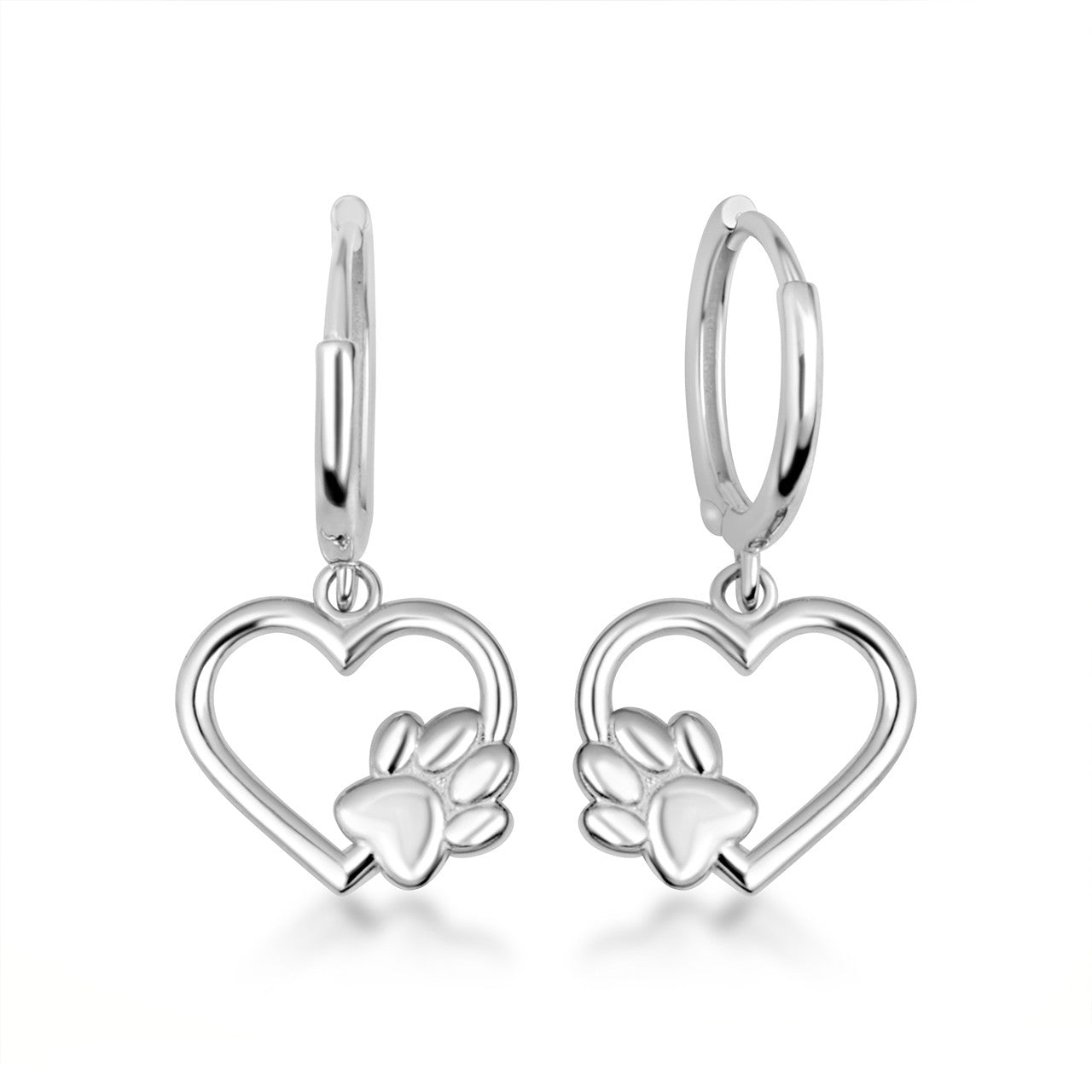 Sterling Silver Dog Paw Print Heart Drop Huggie Hoop Earrings