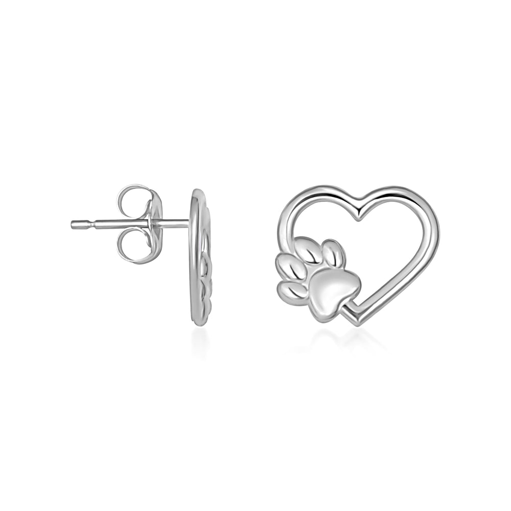 Sterling Silver Dog Paw Print Heart Stud Earrings