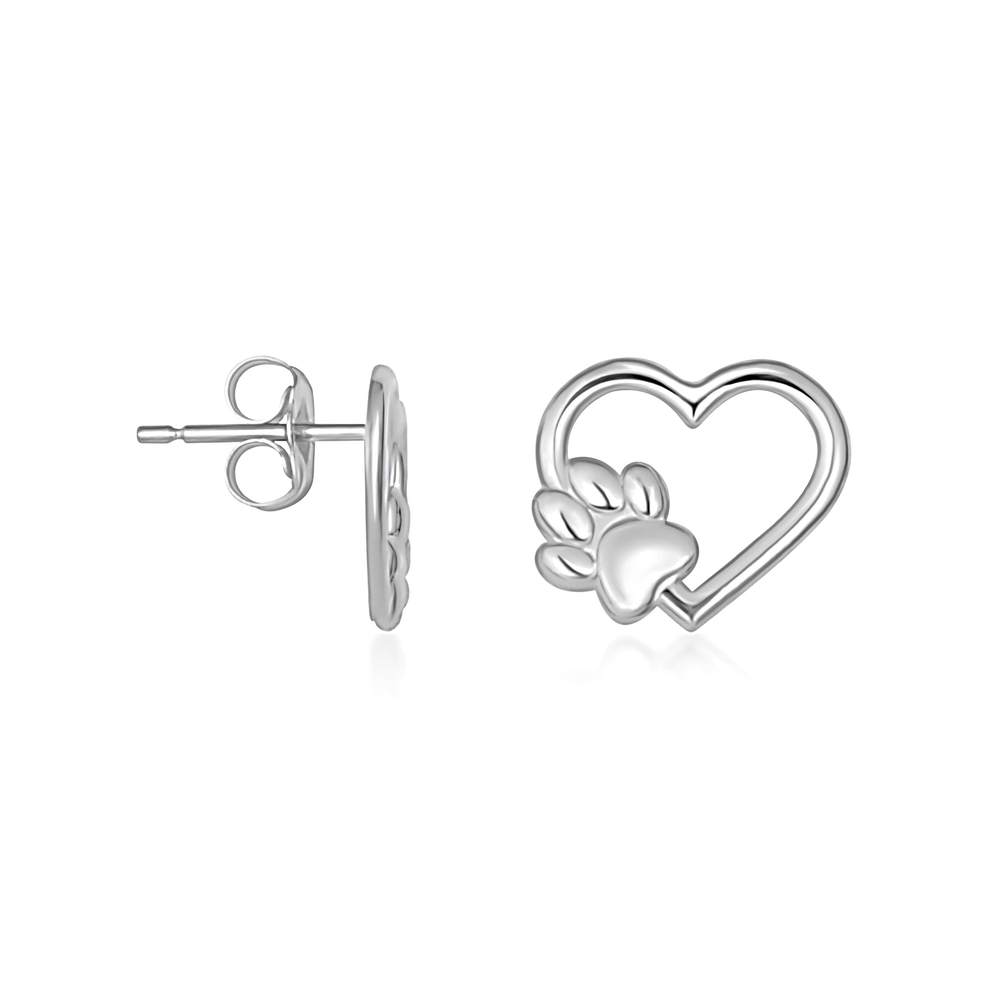 Sterling Silver Dog Paw Print Heart Stud Earrings
