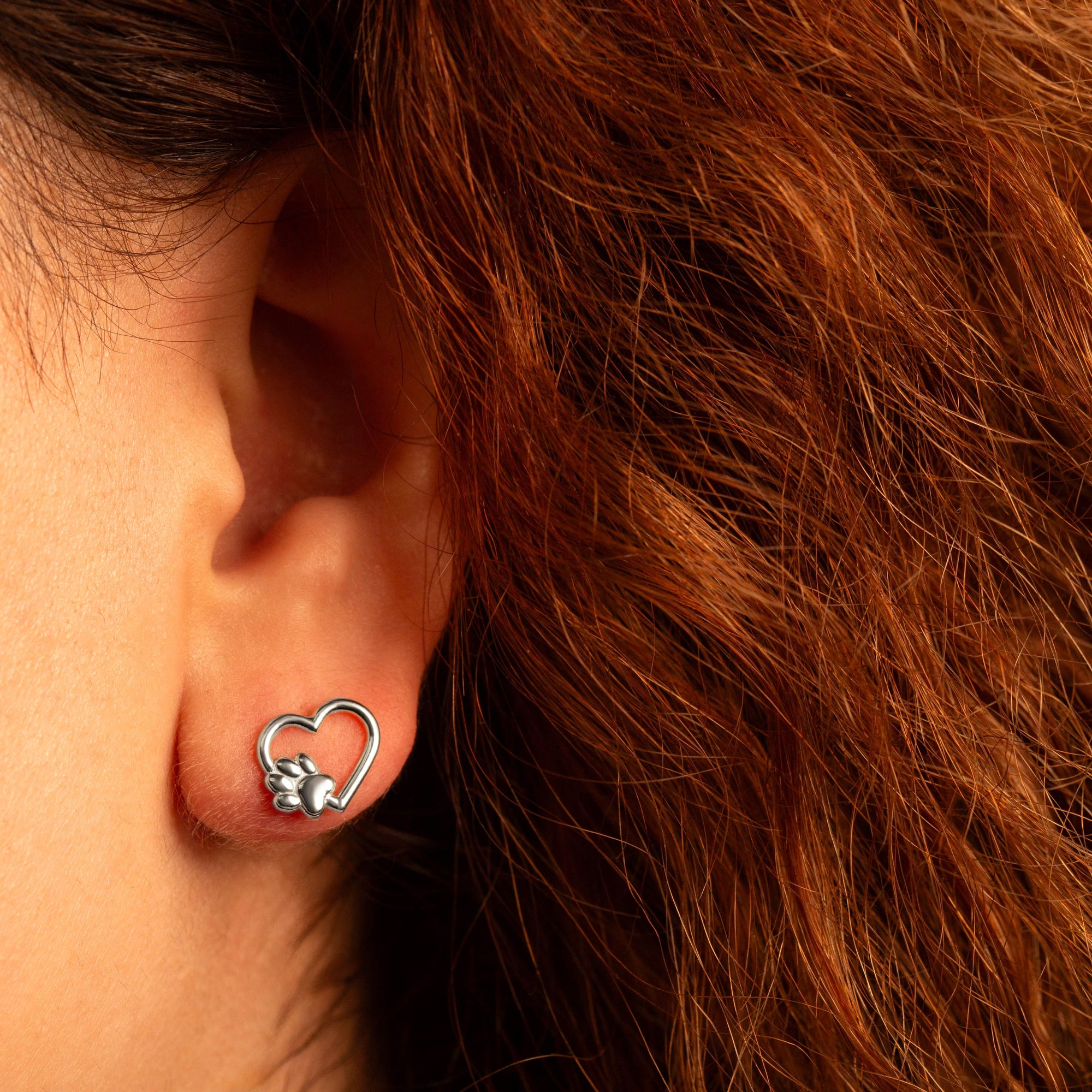 Sterling Silver Dog Paw Print Heart Stud Earrings, view 2