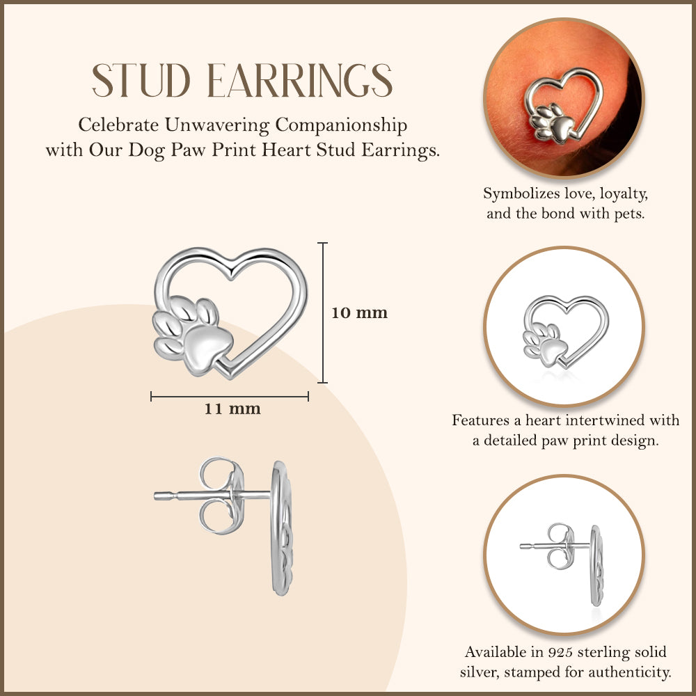 Sterling Silver Dog Paw Print Heart Stud Earrings, view 3