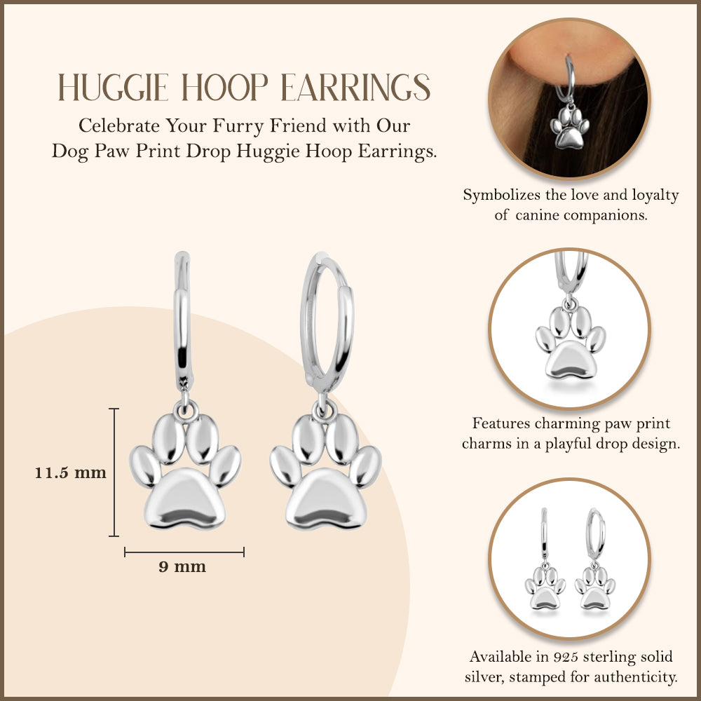 Sterling Silver Dog Paw Print Huggie Hoop Earrings, view 3