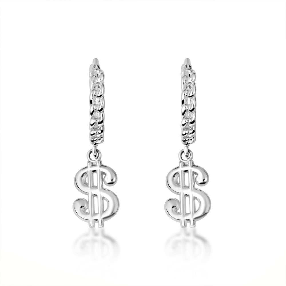Sterling Silver Dollar Sign Cuban Link Huggie Hoop Earrings