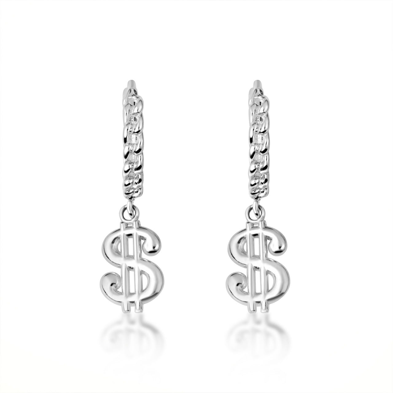 Sterling Silver Dollar Sign Cuban Link Huggie Hoop Earrings