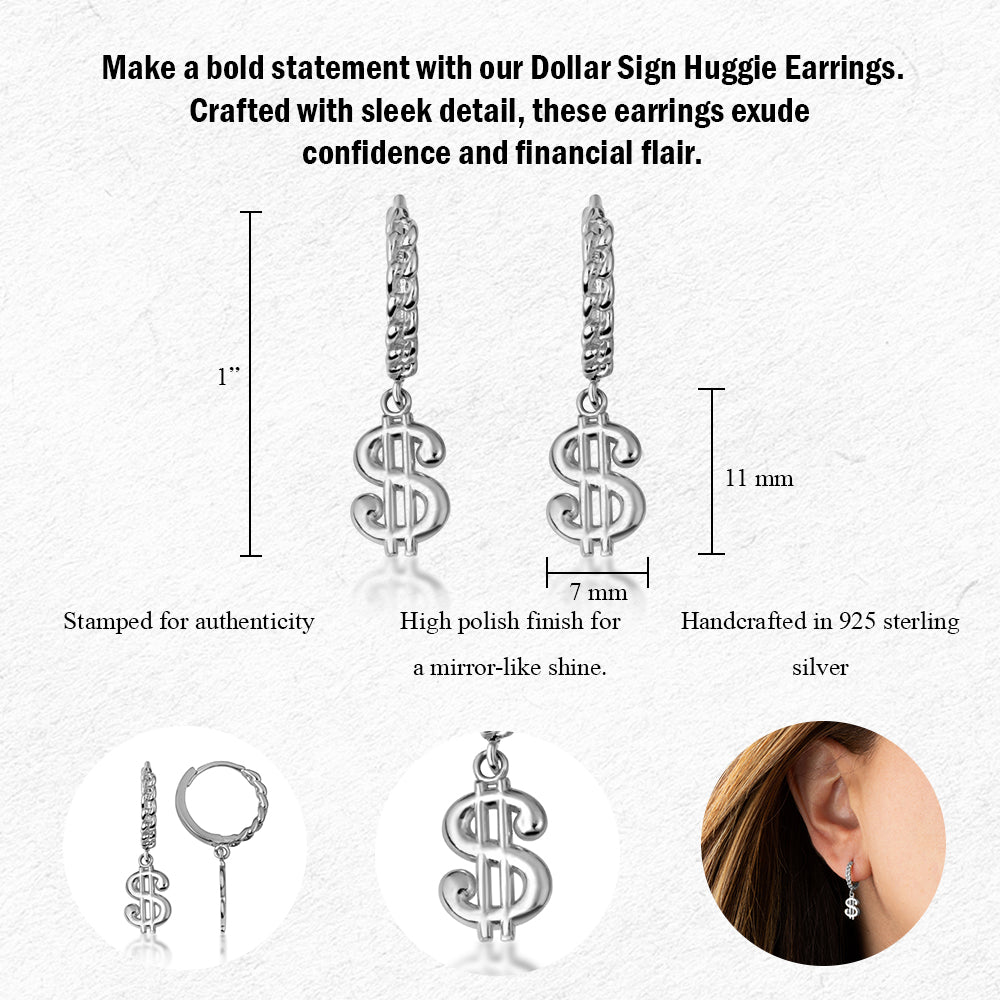 Sterling Silver Dollar Sign Cuban Link Huggie Hoop Earrings, view 3