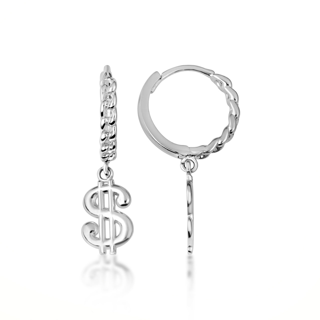 Sterling Silver Dollar Sign Cuban Link Huggie Hoop Earrings, view 4