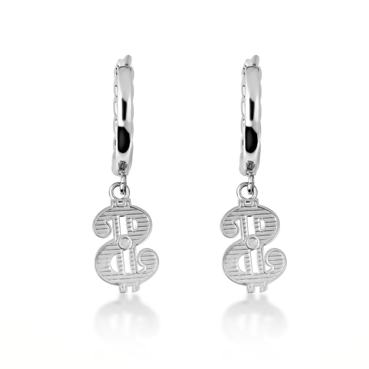 Sterling Silver Dollar Sign Cuban Link Huggie Hoop Earrings, view 5