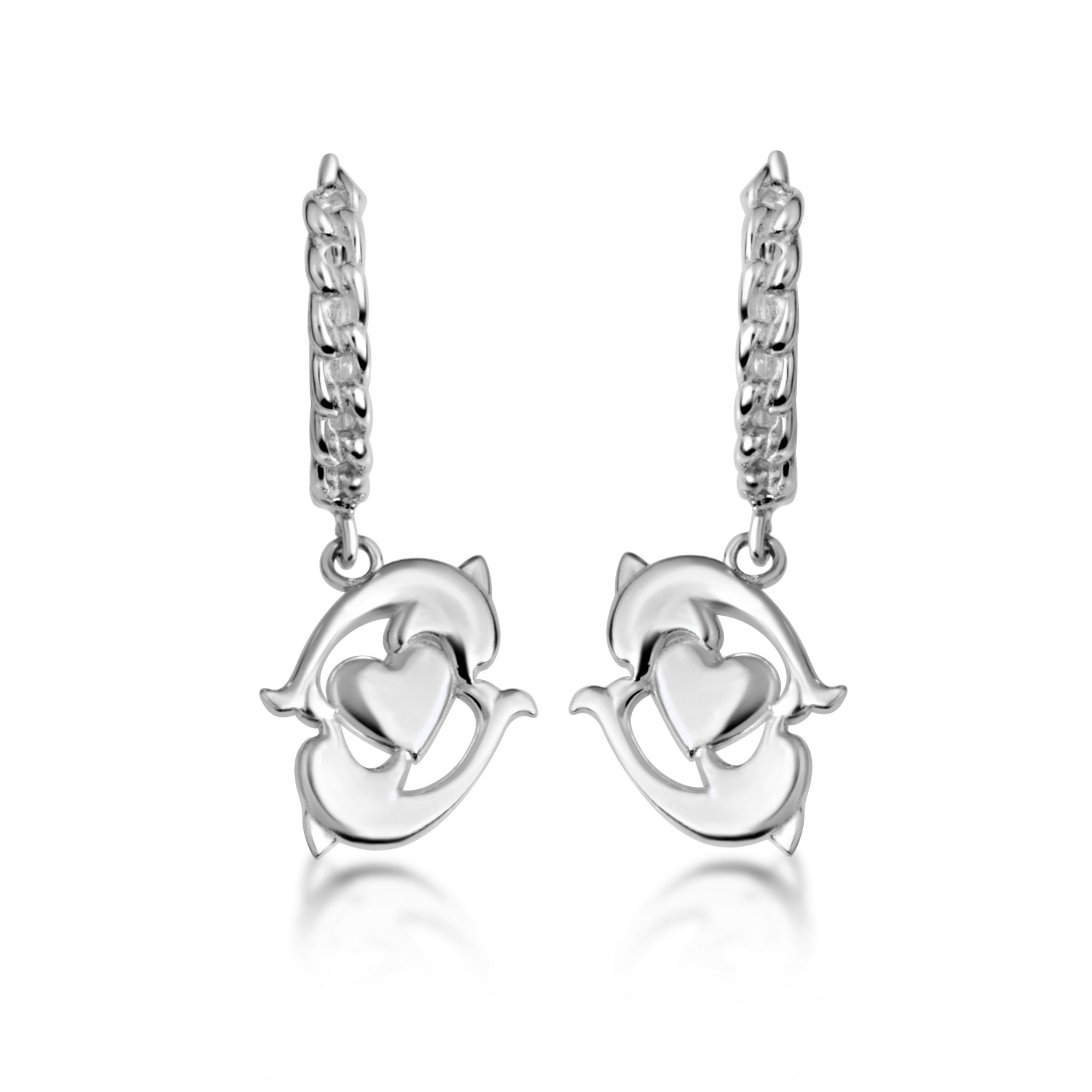 Sterling Silver Dolphin Heart Cuban Link Huggie Hoop Earrings