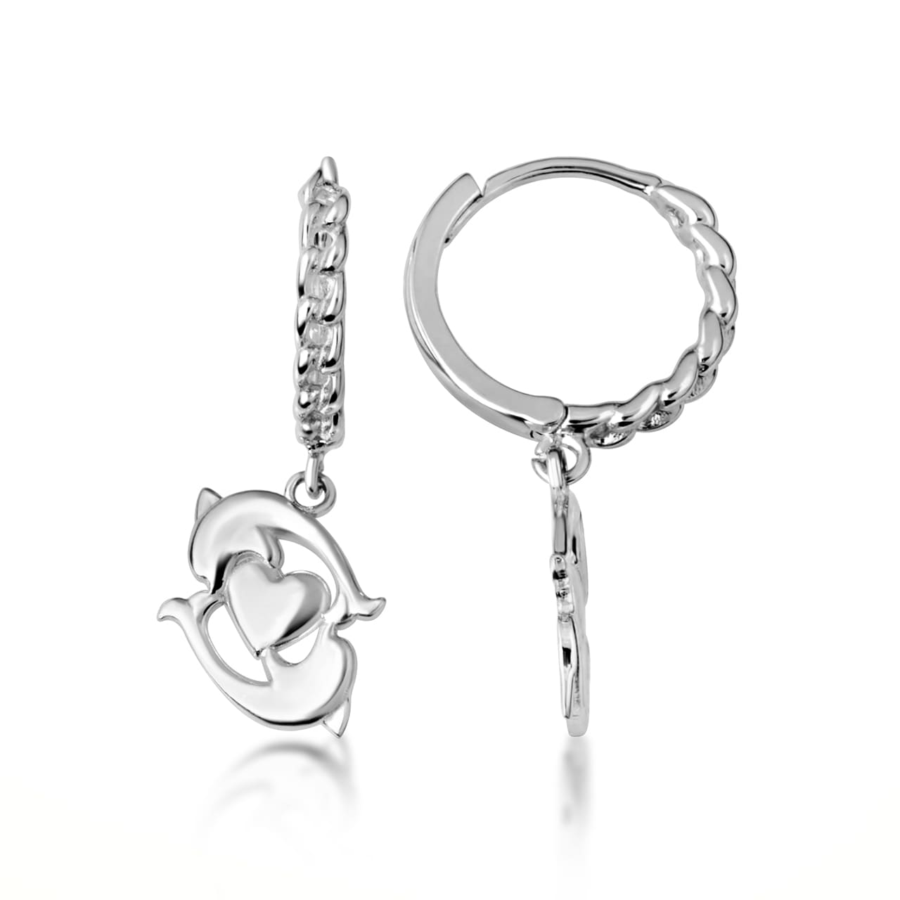 Sterling Silver Dolphin Heart Cuban Link Huggie Hoop Earrings, view 4