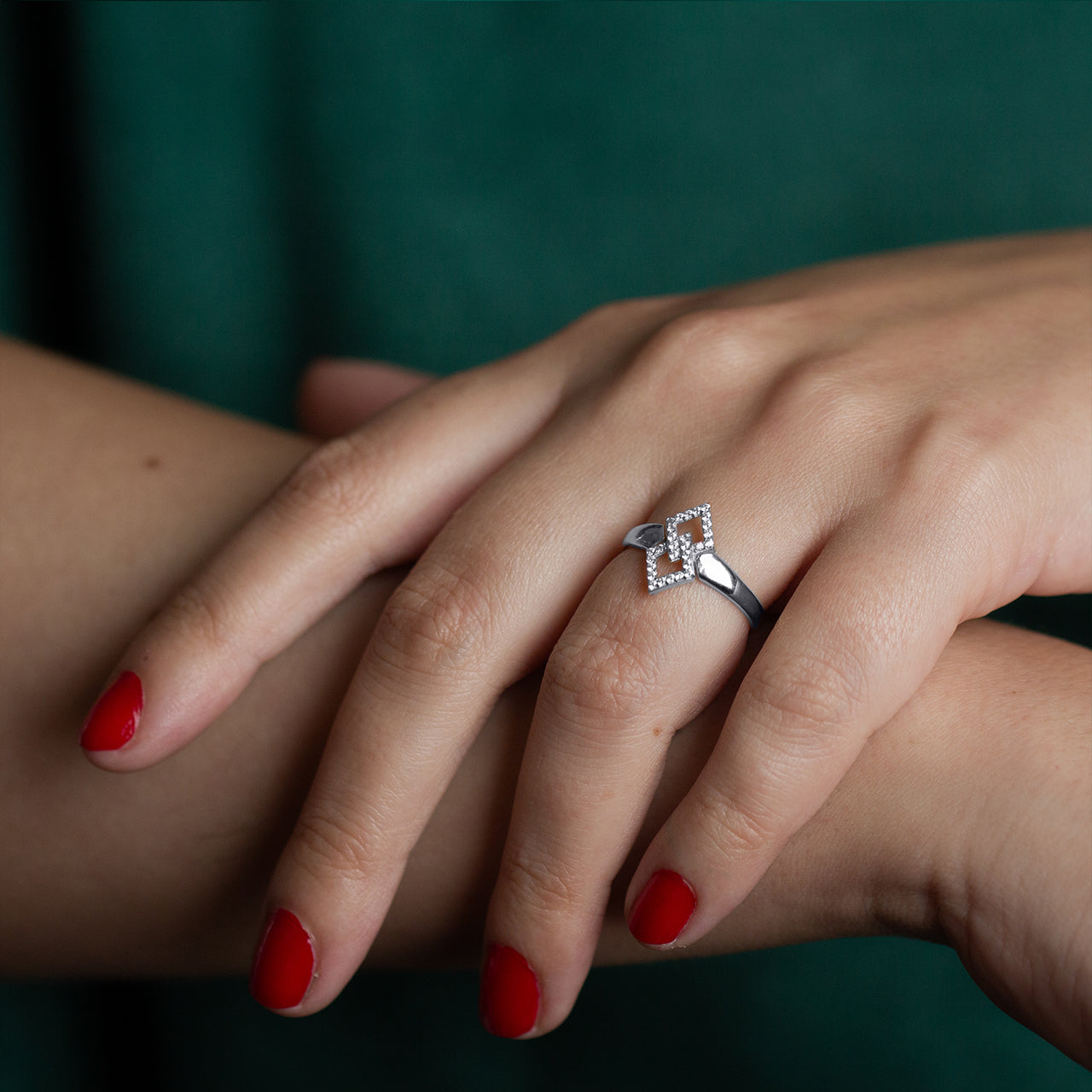 Sterling Silver Double Diamond Shape CZ Link Ring, view 2