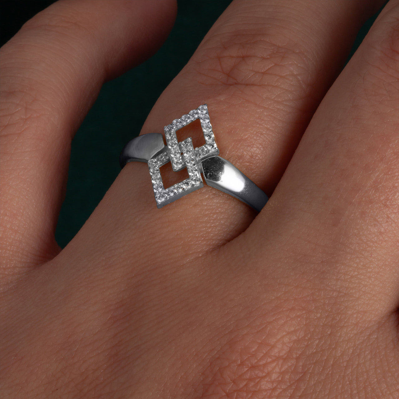 Sterling Silver Double Diamond Shape CZ Link Ring, view 3