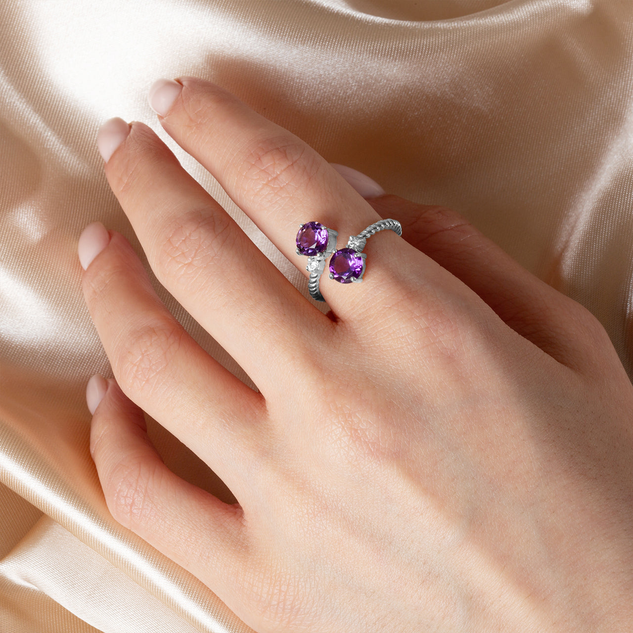 Sterling Silver Double Gemstone Wrap Around Rope Band Ring, view 2