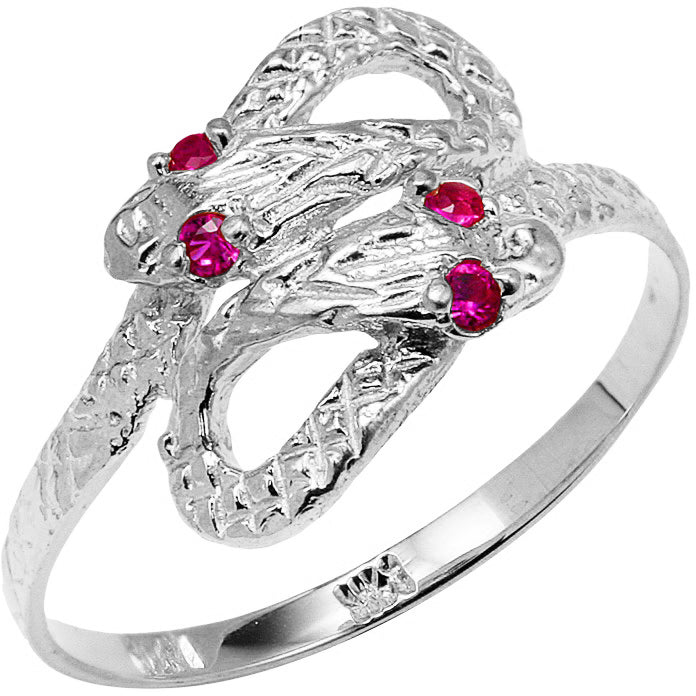 Sterling Silver Double Headed Snake Ruby Birthstone Ring