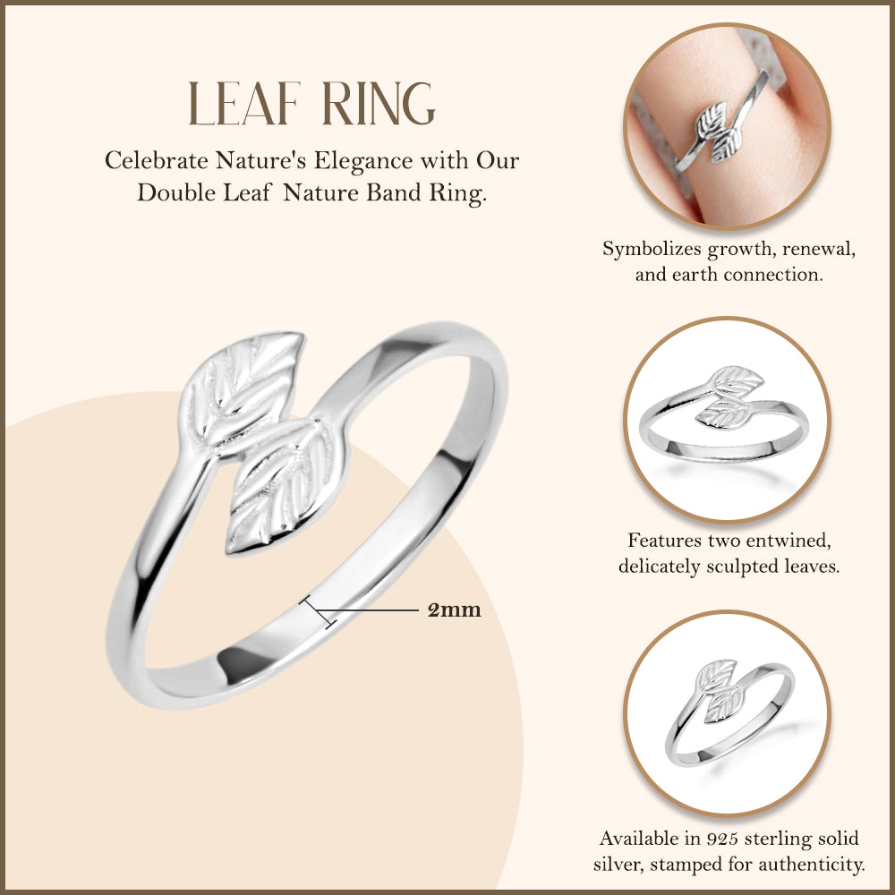 Sterling Silver Double Leaf Nature Band Ring, view 3