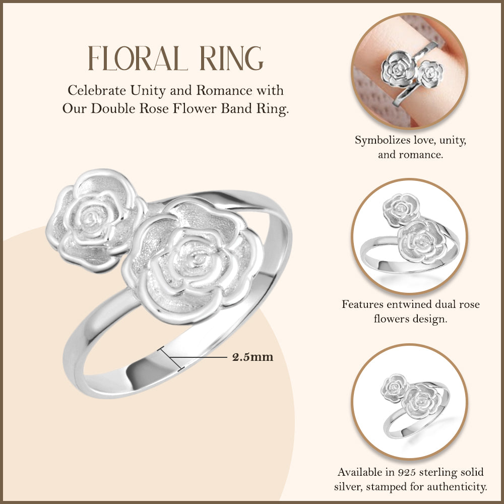 Sterling Silver Double Rose Flower Band Ring, view 3