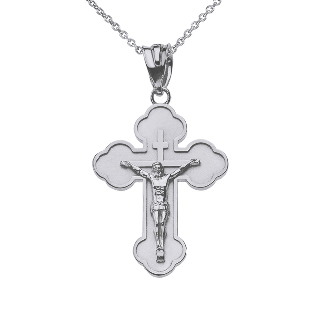 Sterling Silver Double Sided Eastern Orthodox Russian Crucifix Pendant Necklace 1.20" (Small)