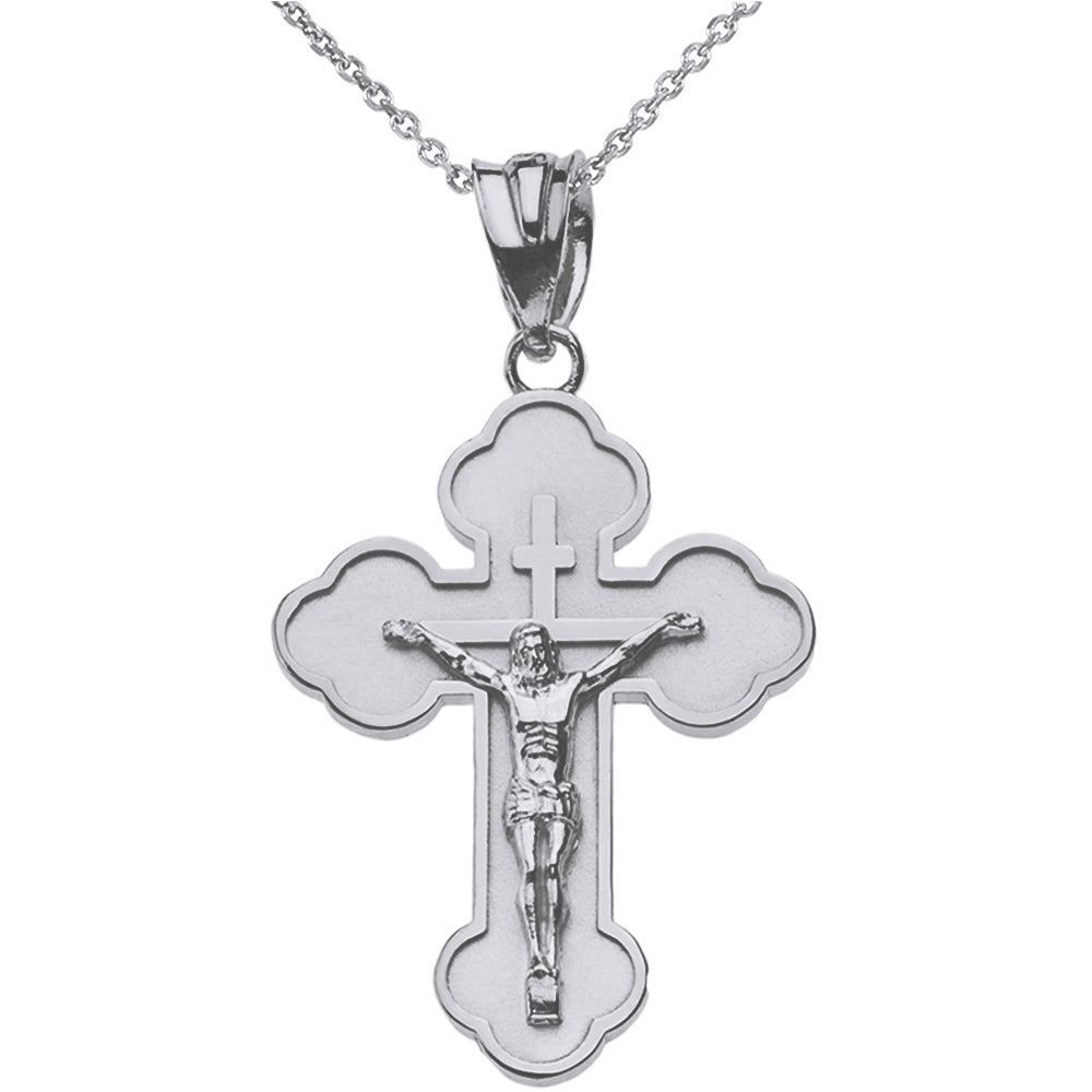 Sterling Silver Double Sided Eastern Orthodox Russian Crucifix Pendant Necklace 1.40" (Large)