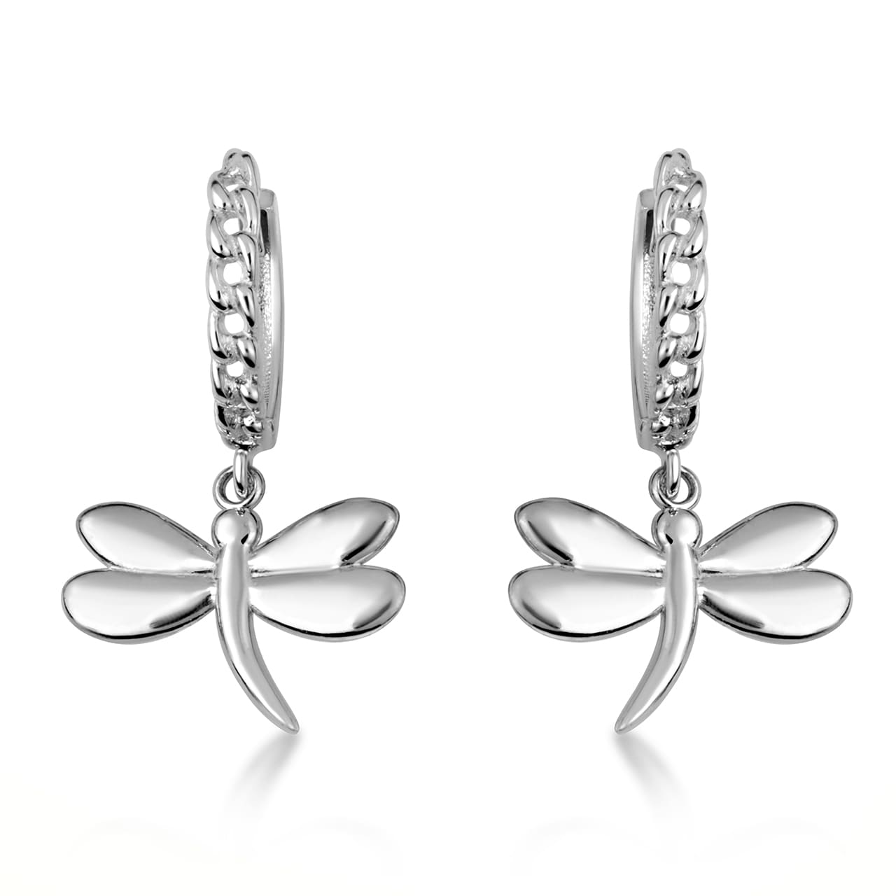 Sterling Silver Dragonfly Nature Cuban Link Huggie Hoop Earrings