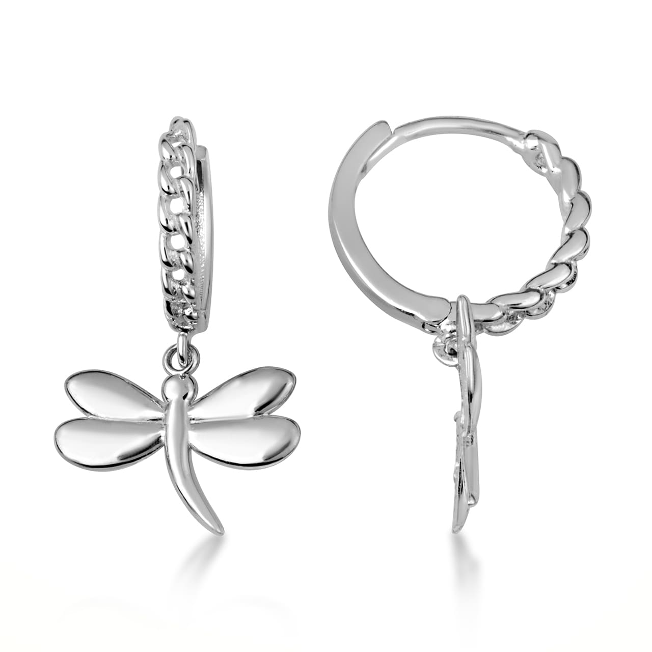 Sterling Silver Dragonfly Nature Cuban Link Huggie Hoop Earrings, view 4