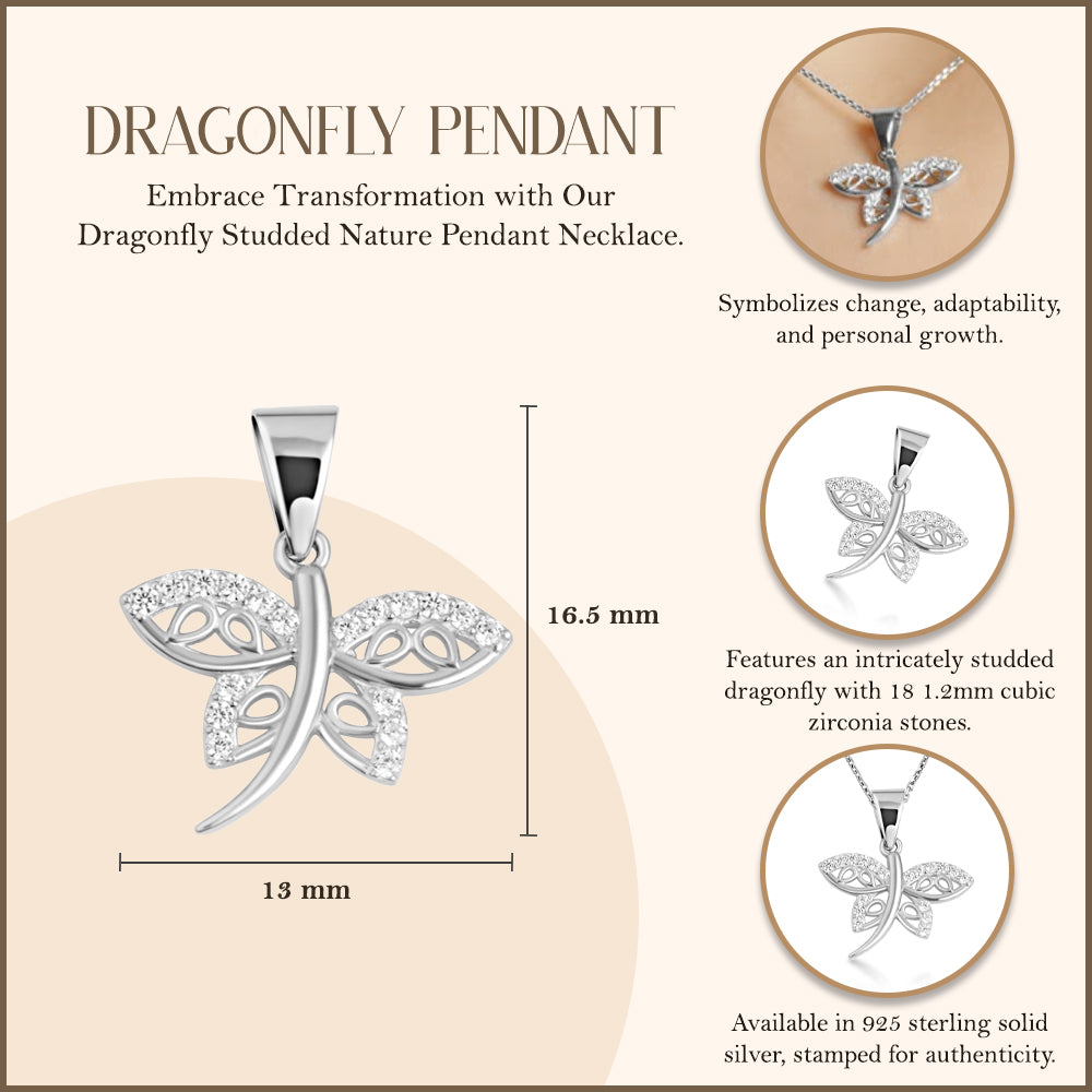 Sterling Silver Dragonfly Studded Nature Pendant Necklace, view 3