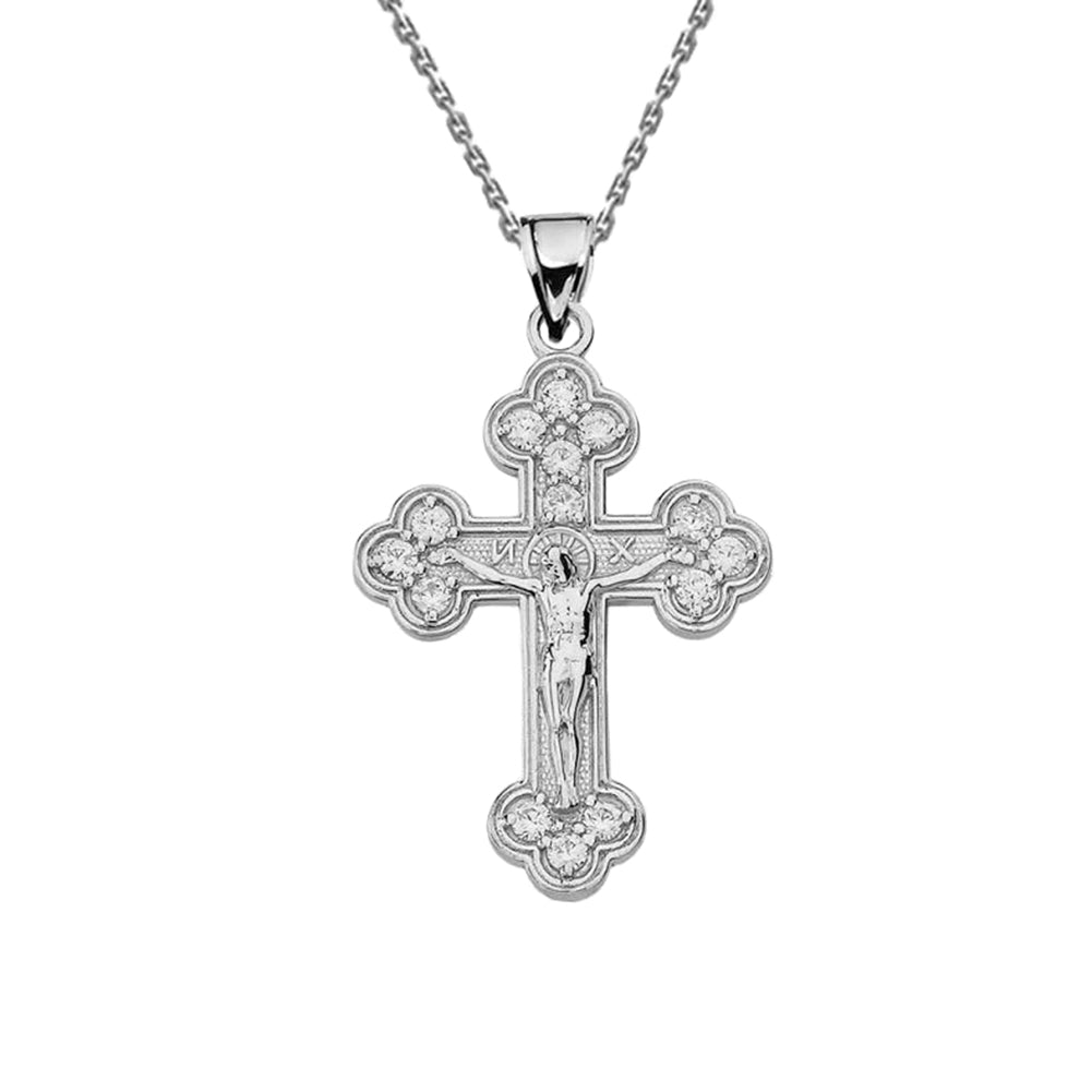 Sterling Silver Eastern Orthodox C.Z Crucifix Pendant Necklace