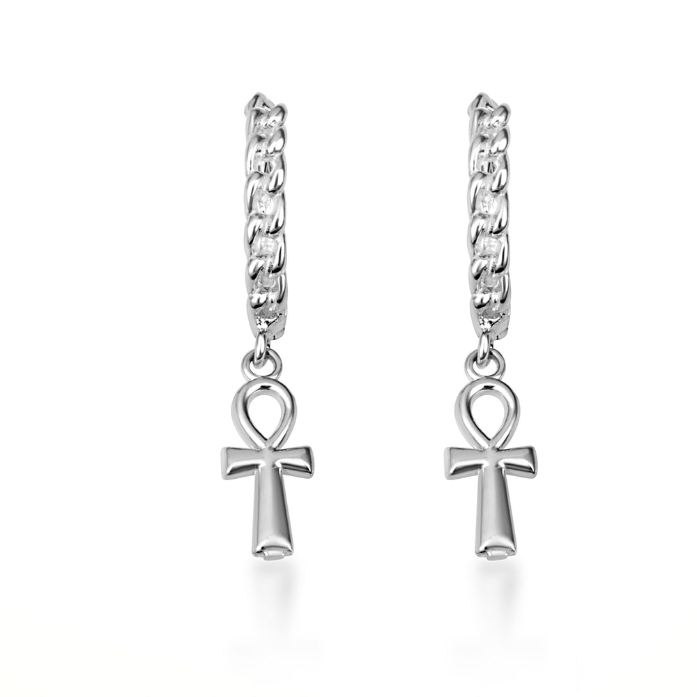 Sterling Silver Egyptian Ankh Cross Cuban Link Huggie Hoop Earrings