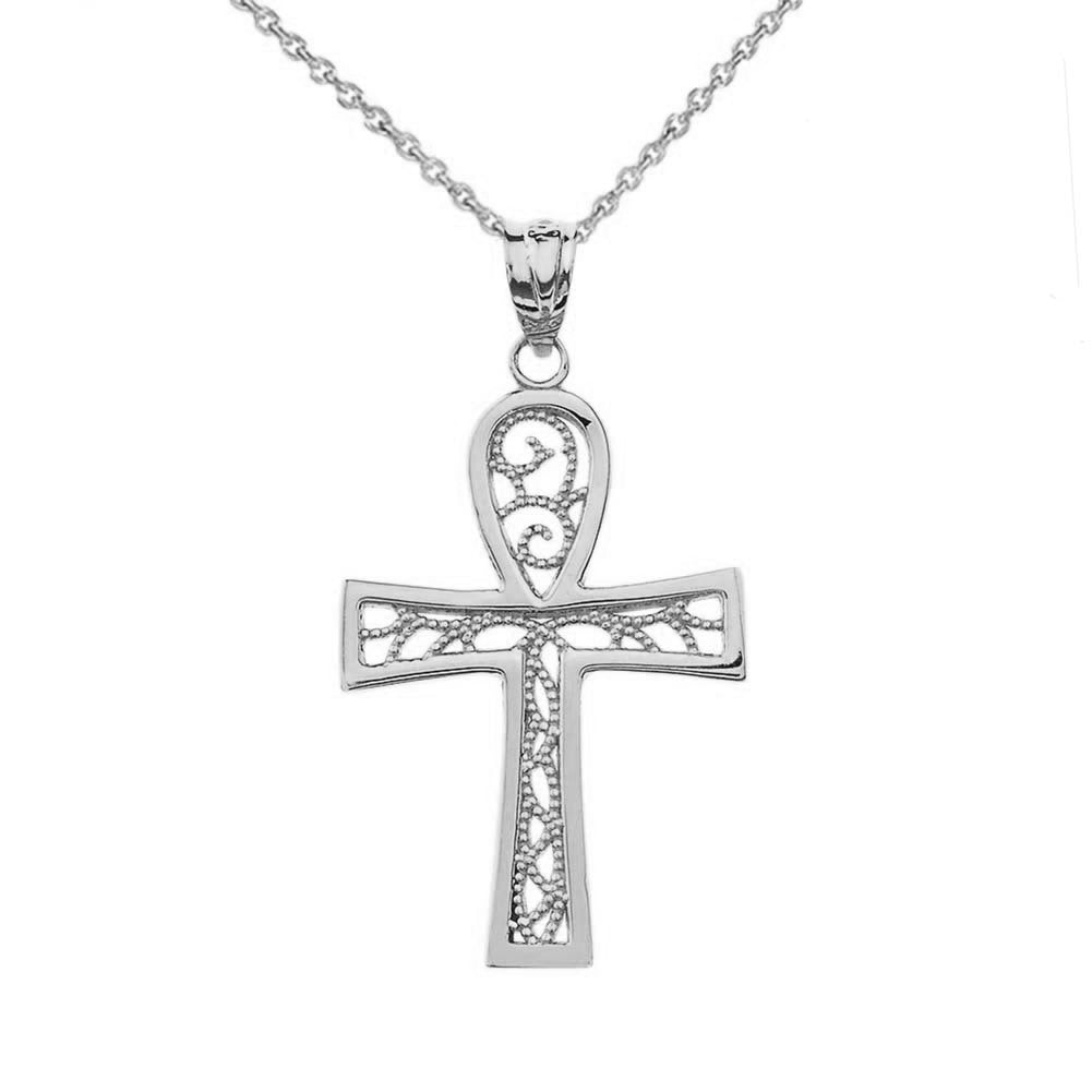 Sterling Silver Egyptian Ankh Cross Filigree Pendant Necklace