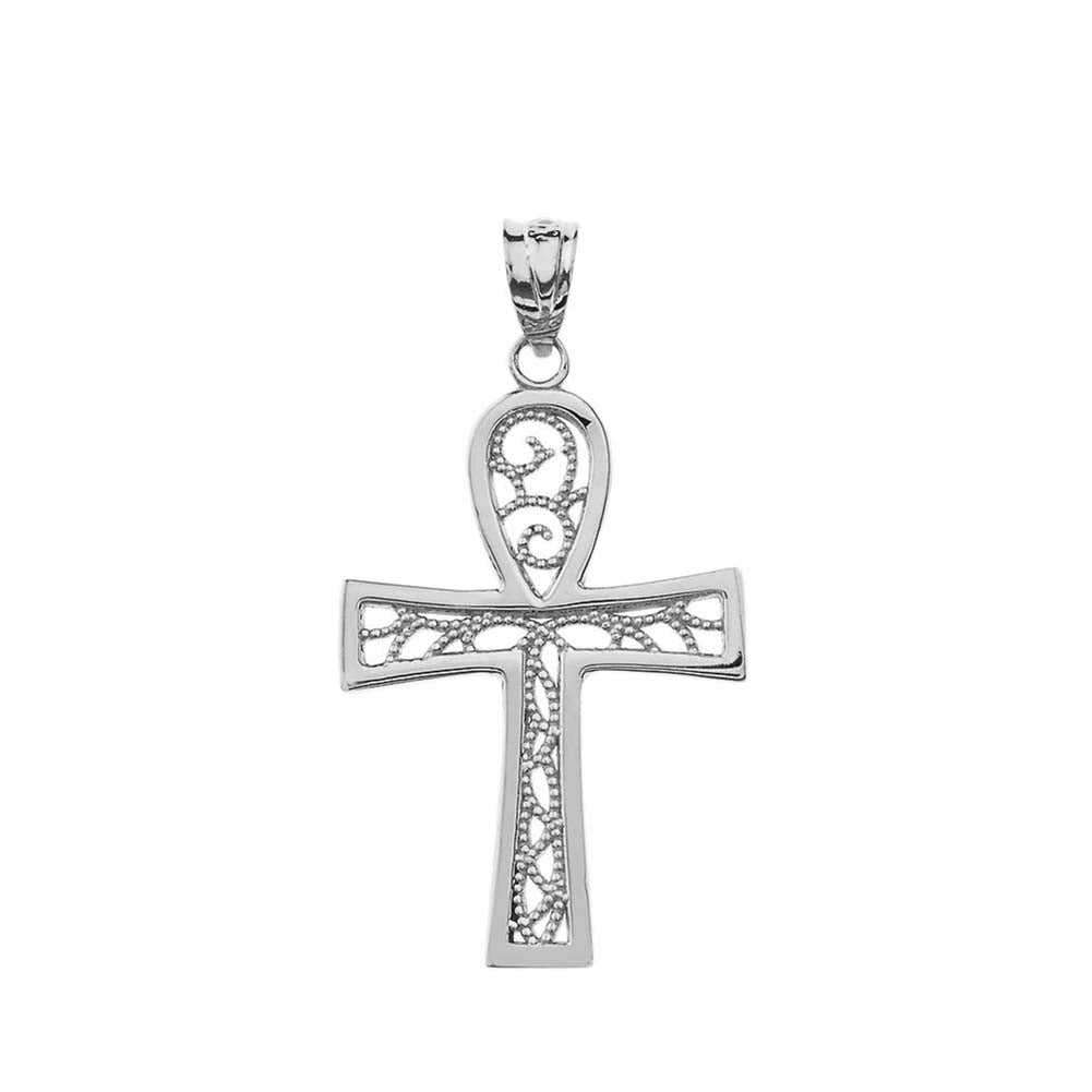 Sterling Silver Egyptian Ankh Cross Filigree Pendant Necklace, view 2