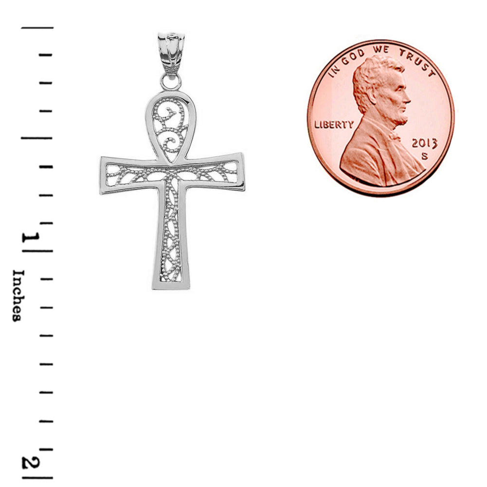 Sterling Silver Egyptian Ankh Cross Filigree Pendant Necklace, view 3