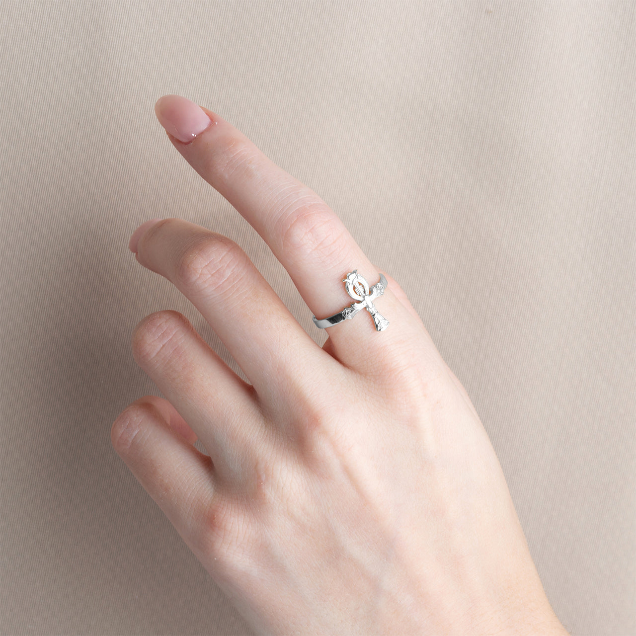 Sterling Silver Egyptian Ankh Cross Hieroglyphics Ring, view 2