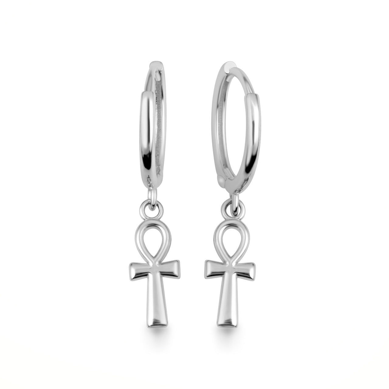 Sterling Silver Egyptian Ankh Cross Huggie Hoop Earrings