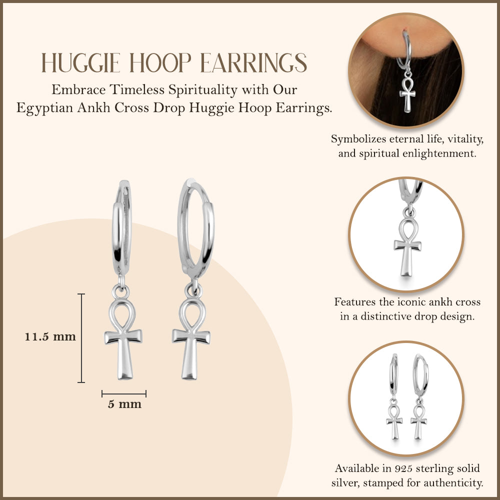 Sterling Silver Egyptian Ankh Cross Huggie Hoop Earrings, view 3