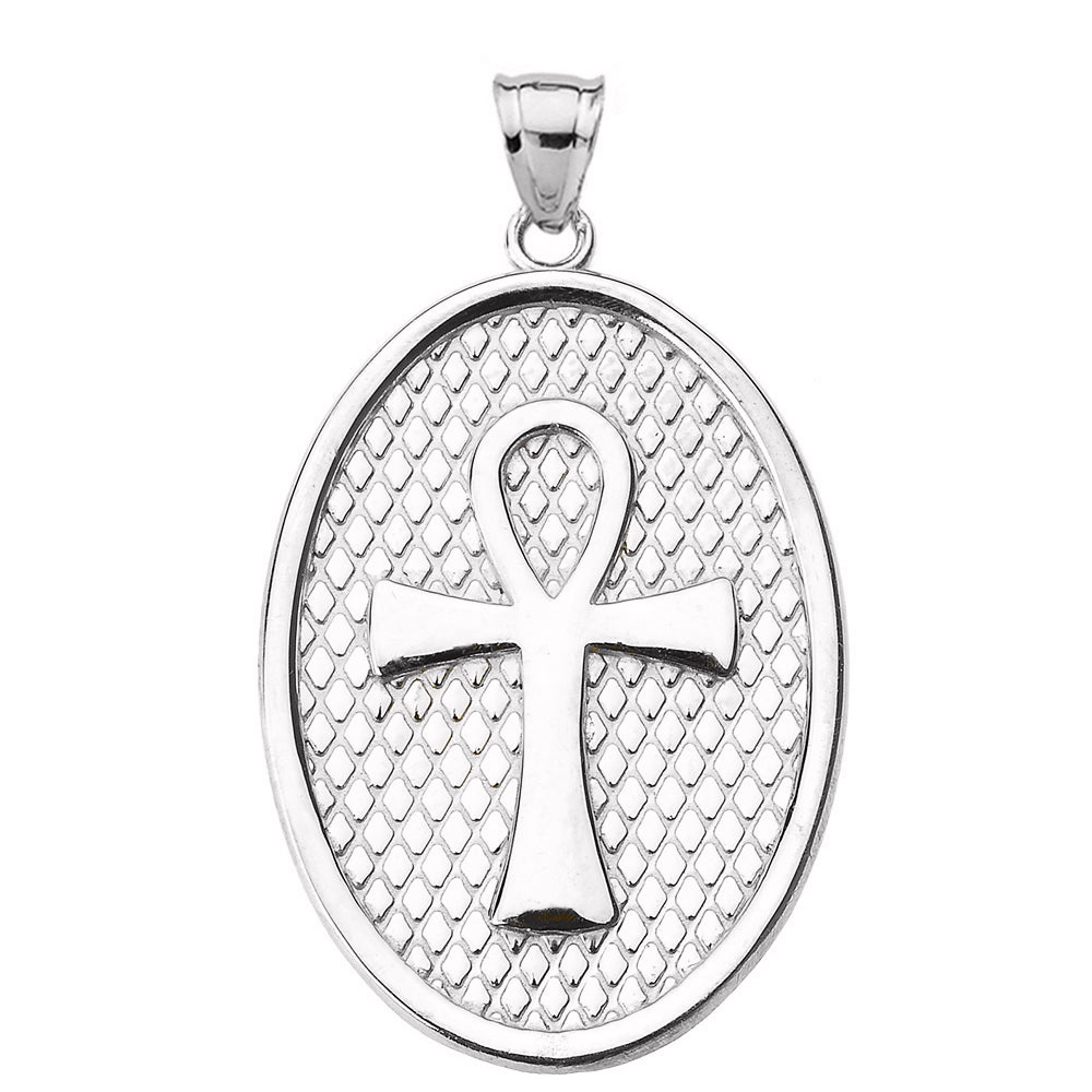 Sterling Silver Egyptian Ankh Cross Oval Pendant Necklace, view 2