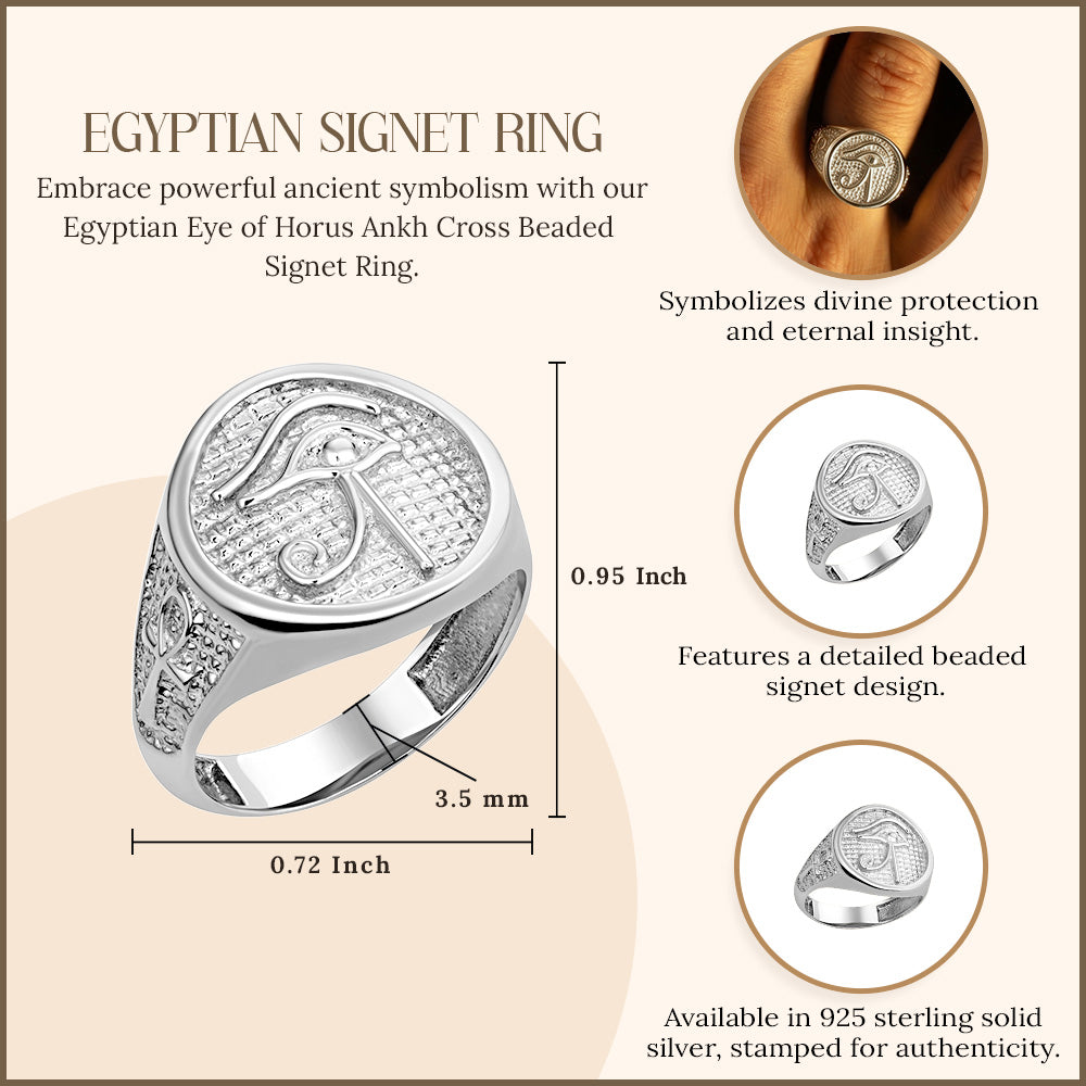 Sterling Silver Egyptian Eye of Horus Ankh Cross Beaded Signet Ring, view 3